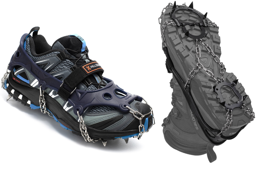 Deux Chaussures De Randonnée Avec Crampons Sur La Glace. Concept  D'accessoires De Sport De Montagne